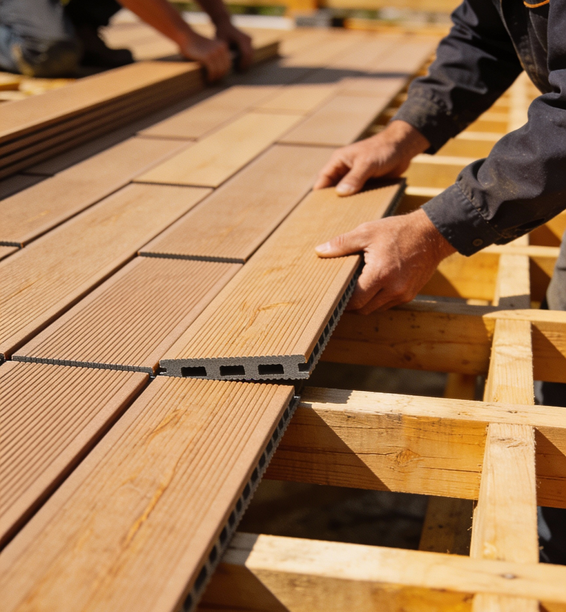Професионален монтаж на декинг върху метална или дървена конструкция за изграждане на устойчива и естетична външна тераса.