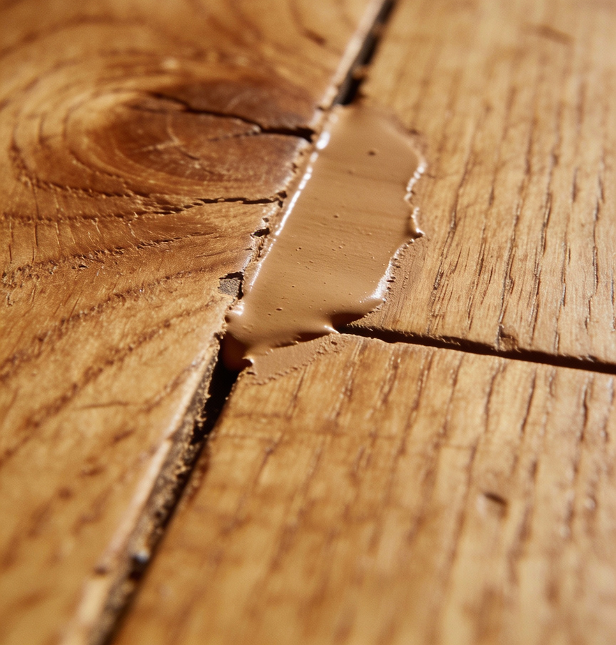 Процес на фугиране на дюшеме чрез нанасяне на специална смес от смола и дървесен прах за запълване на процепите между дъските.