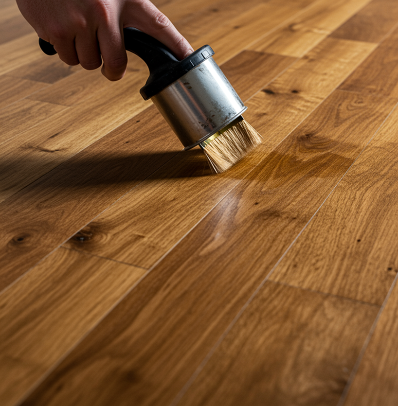 Професионално байцване на паркет за промяна на цвета и подчертаване на естествената шарка на дървото преди лакиране.